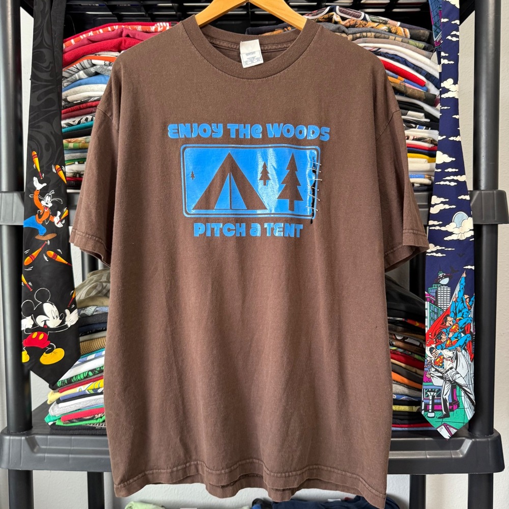 Y2K Brown Enjoy The Woods Pitch A Tent Graphic T-Shirt XL Light Marks